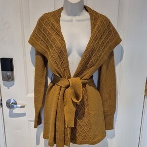 VENUS Mustard Textured, Belted Shawl Colar Cardigan. Size S